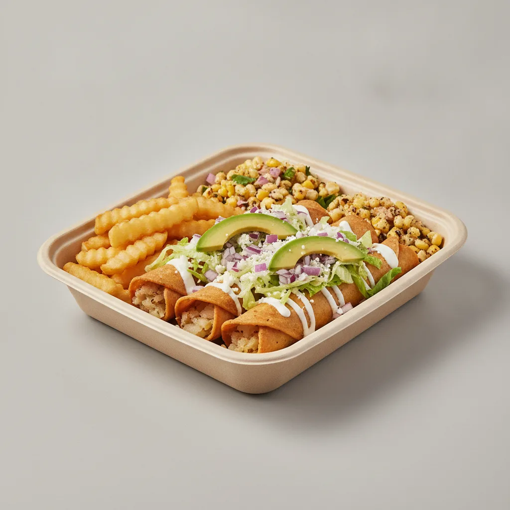Flautas Boxed Lunch — Potato with French Fries / Street Corn Salad Flautas Boxed Lunch — Potato with French Fries / Street Corn Salad