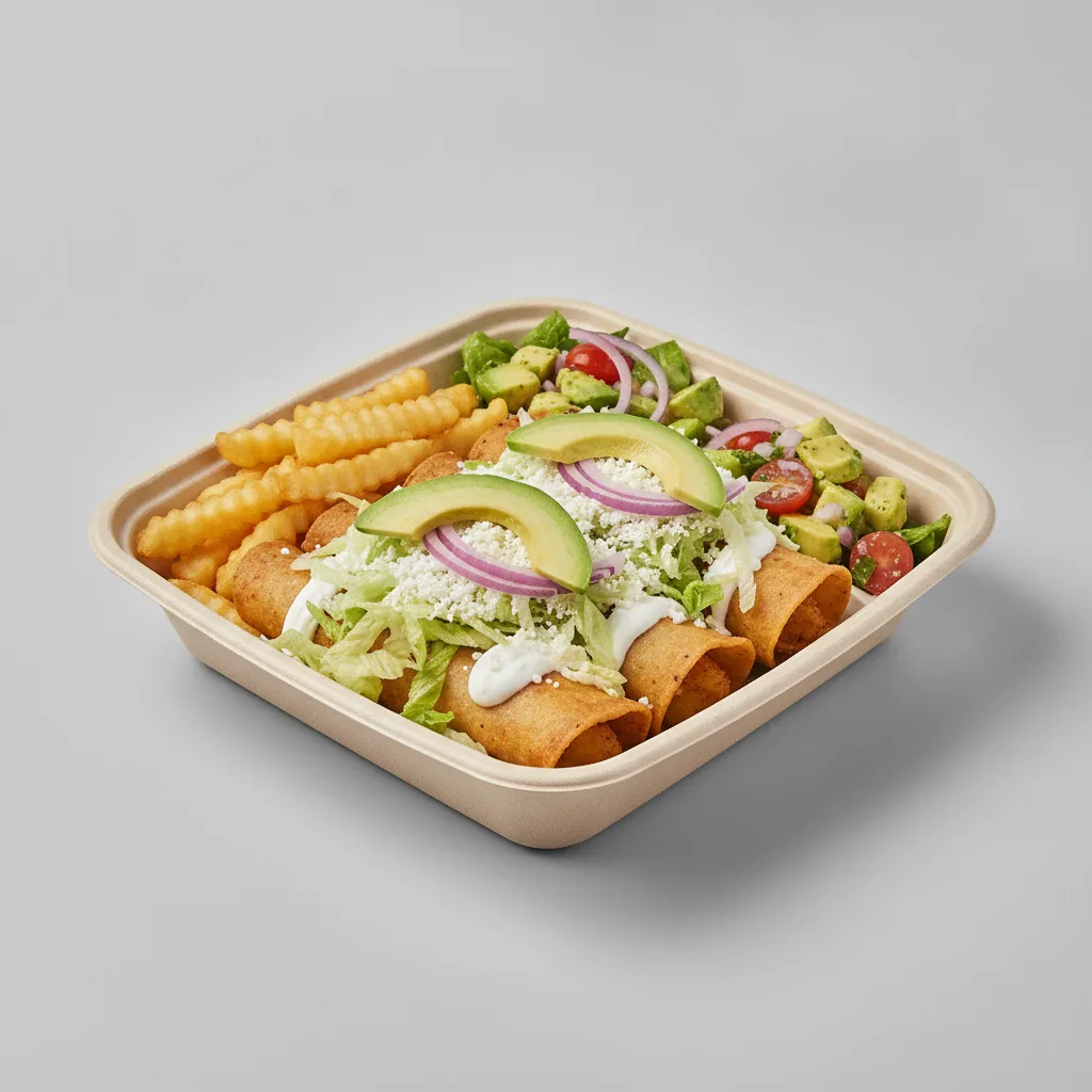 Flautas Boxed Lunch — Potato with French Fries / Avocado Salad Flautas Boxed Lunch — Potato with French Fries / Avocado Salad