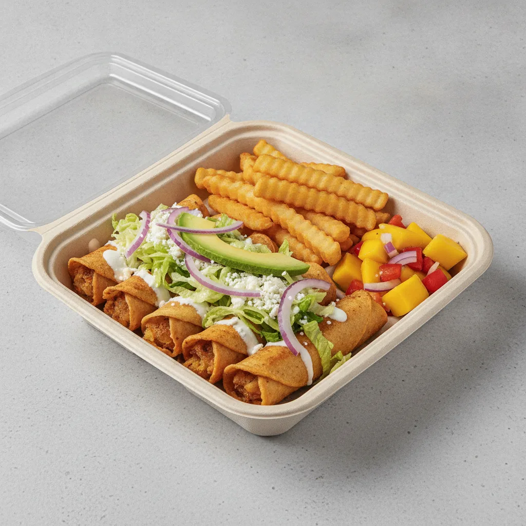 Flautas Boxed Lunch — Potato with French Fries / Mango Salad Flautas Boxed Lunch — Potato with French Fries / Mango Salad
