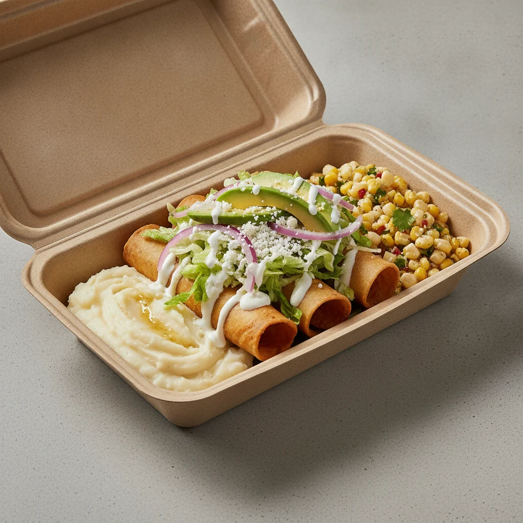 Flautas Boxed Lunch — Potato with Mashed Potato / Street Corn Salad Flautas Boxed Lunch — Potato with Mashed Potato / Street Corn Salad