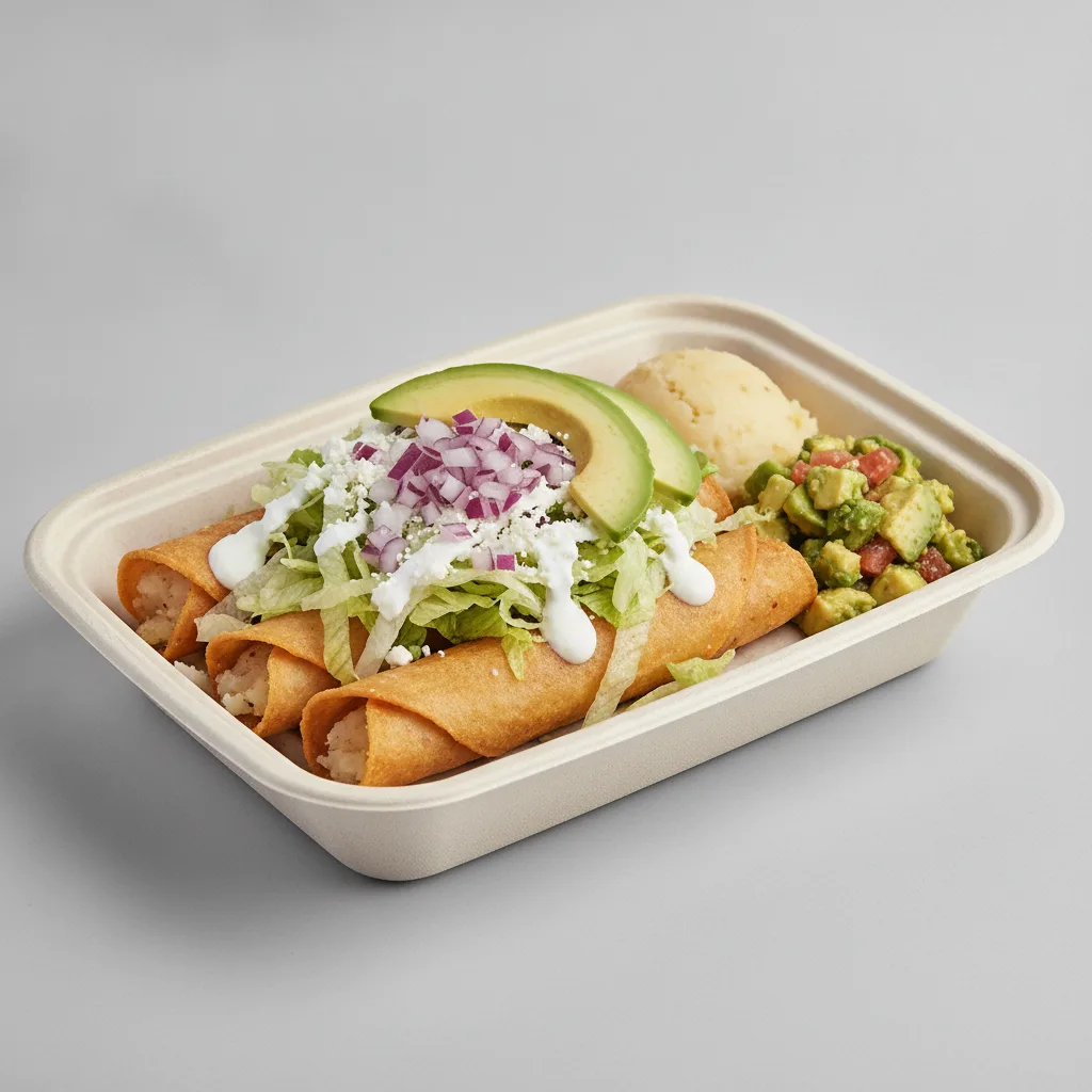 Flautas Boxed Lunch — Potato with Mashed Potato / Avocado Salad Flautas Boxed Lunch — Potato with Mashed Potato / Avocado Salad