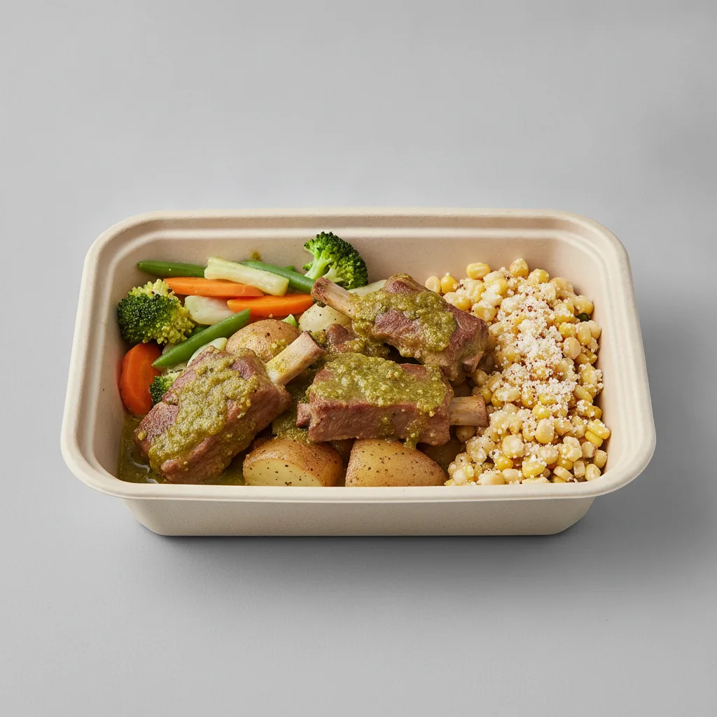 Costillas Verde Boxed Lunch with Steamed Mix Veggies / Street Corn Salad Costillas Verde Boxed Lunch with Steamed Mix Veggies / Street Corn Salad