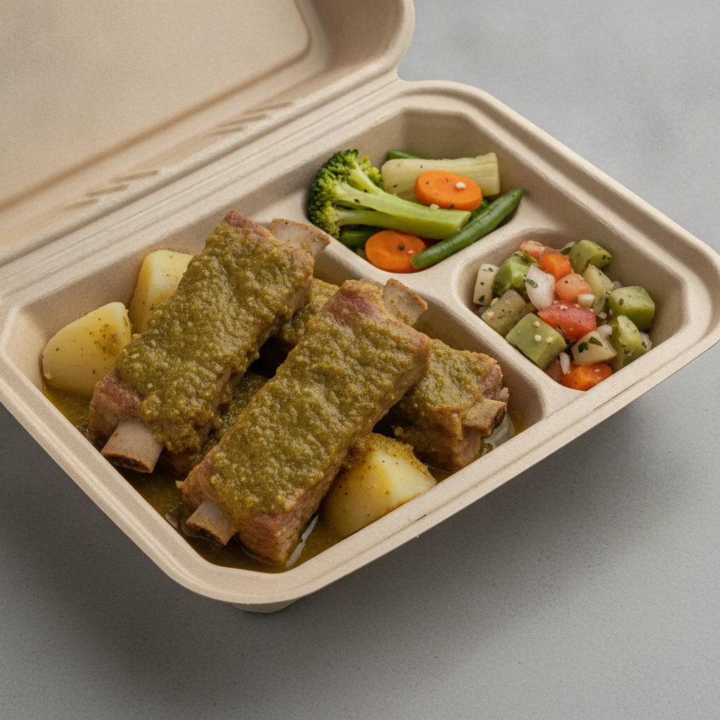 Costillas Verde Boxed Lunch with Steamed Mix Veggies / Nopalitos Salad Costillas Verde Boxed Lunch with Steamed Mix Veggies / Nopalitos Salad