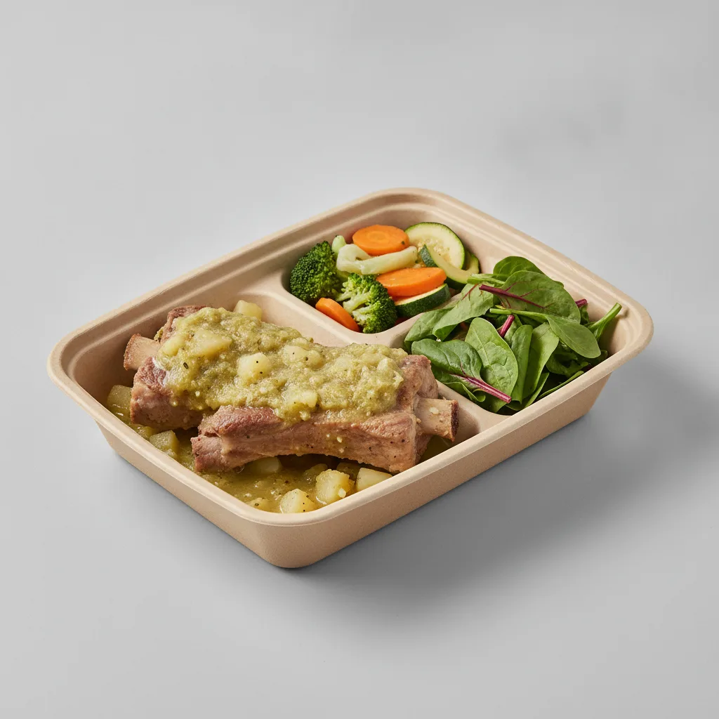 Costillas Verde Boxed Lunch with Steamed Mix Veggies / Green Salad Costillas Verde Boxed Lunch with Steamed Mix Veggies / Green Salad