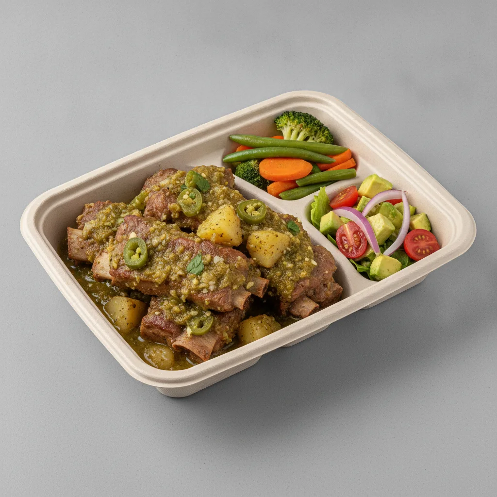 Costillas Verde Boxed Lunch with Steamed Mix Veggies / Avocado Salad Costillas Verde Boxed Lunch with Steamed Mix Veggies / Avocado Salad