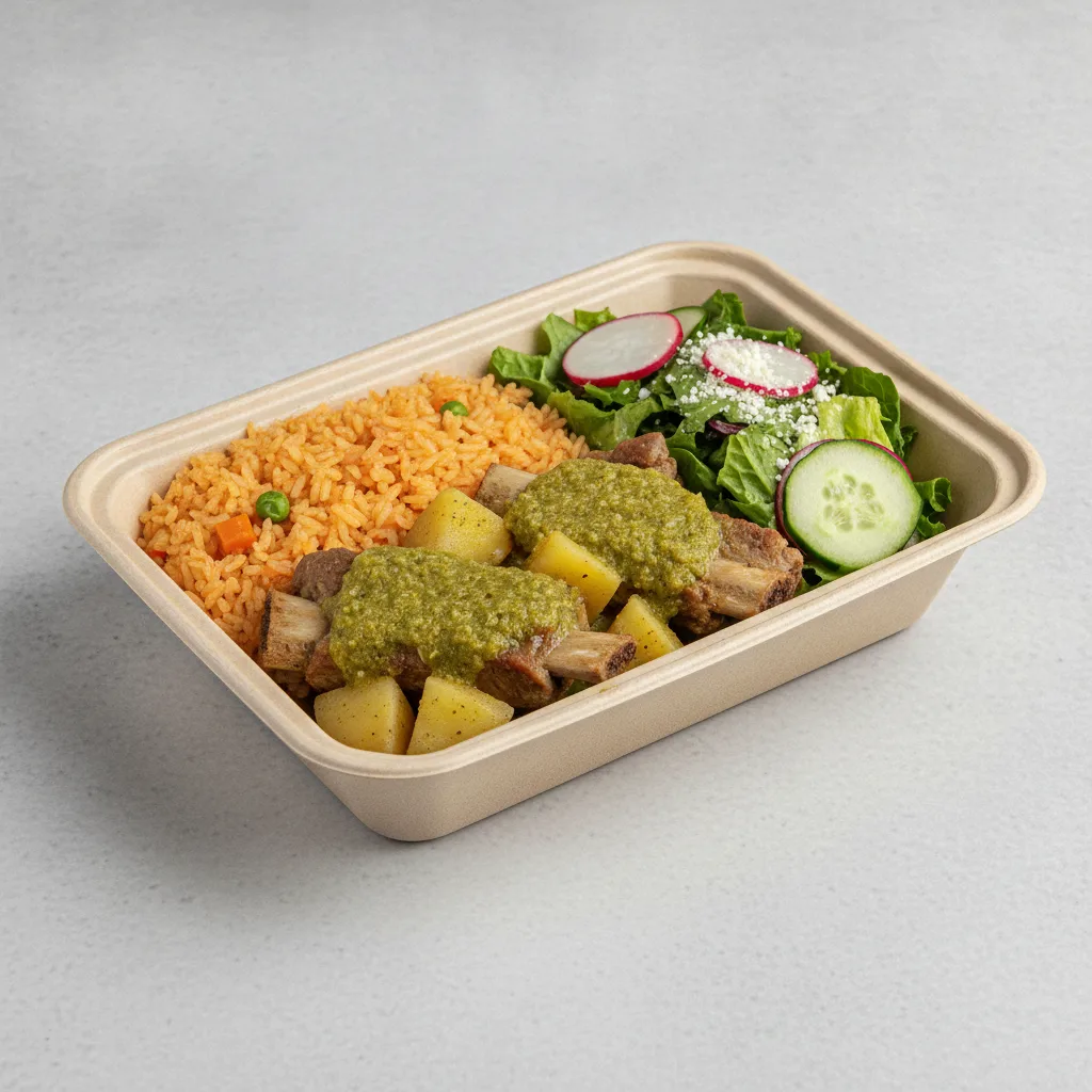 Costillas Verde Boxed Lunch with Mexican Rice / Mexican House Salad Costillas Verde Boxed Lunch with Mexican Rice / Mexican House Salad