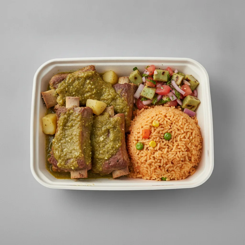 Costillas Verde Boxed Lunch with Mexican Rice / Nopalitos Salad Costillas Verde Boxed Lunch with Mexican Rice / Nopalitos Salad