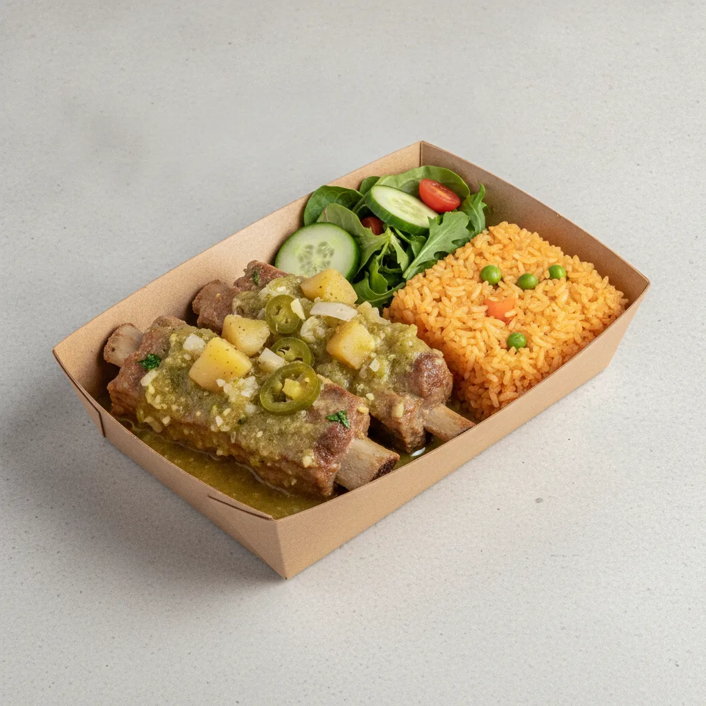 Costillas Verde Boxed Lunch with Mexican Rice / Green Salad Costillas Verde Boxed Lunch with Mexican Rice / Green Salad
