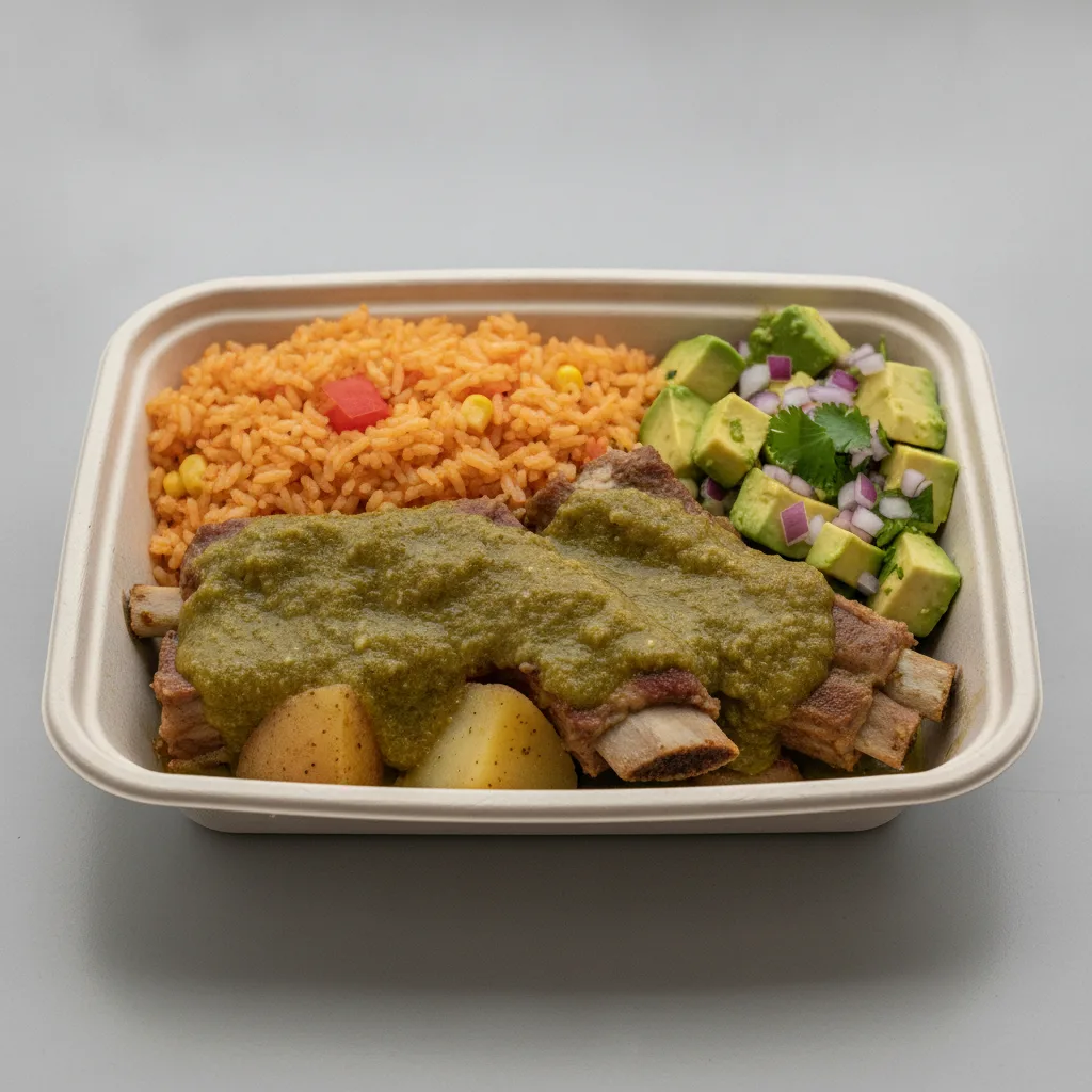 Costillas Verde Boxed Lunch with Mexican Rice / Avocado Salad Costillas Verde Boxed Lunch with Mexican Rice / Avocado Salad