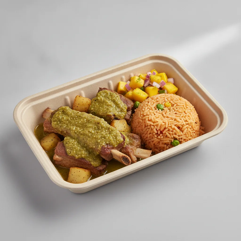 Costillas Verde Boxed Lunch with Mexican Rice / Mango Salad Costillas Verde Boxed Lunch with Mexican Rice / Mango Salad