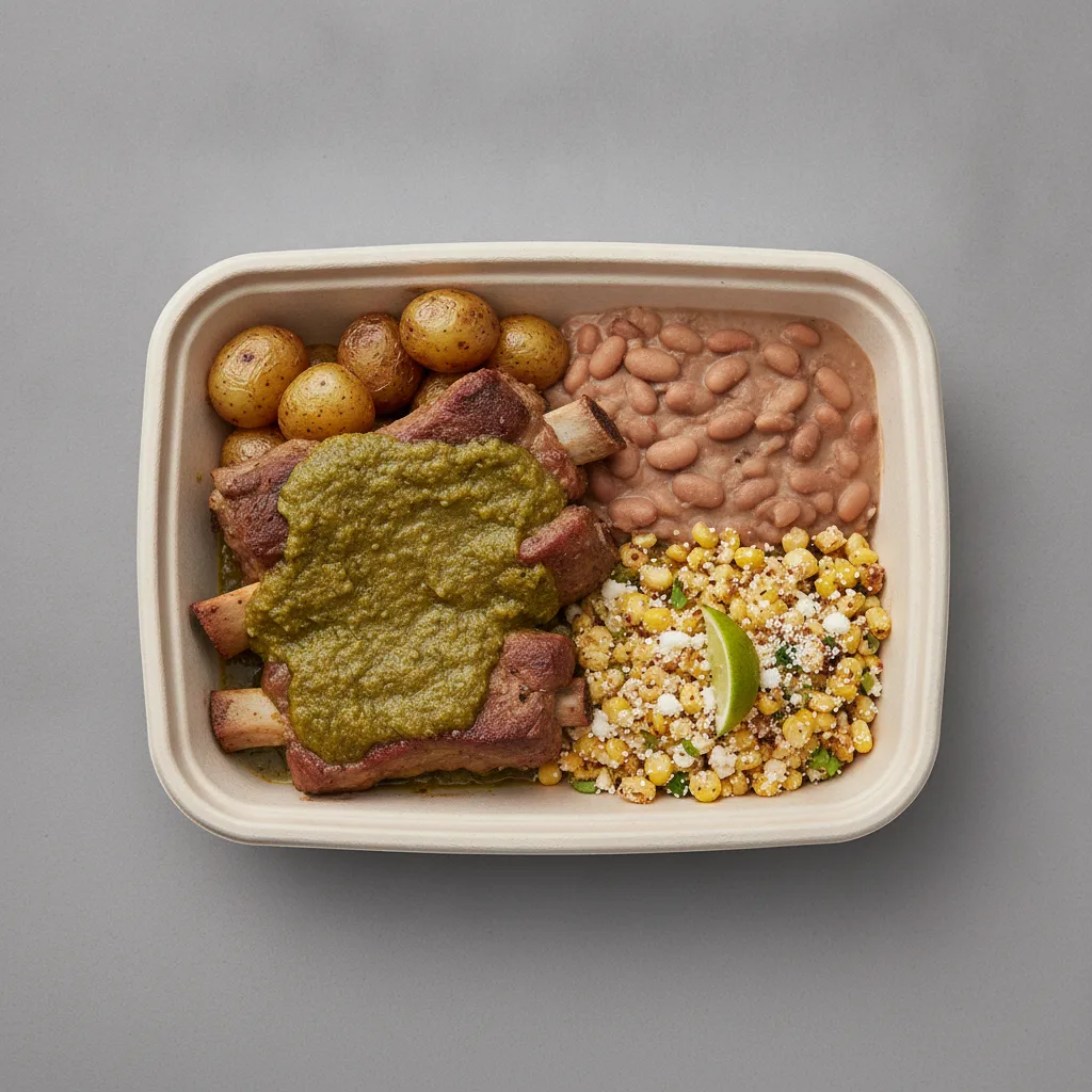 Costillas Verde Boxed Lunch with Pinto Beans / Street Corn Salad Costillas Verde Boxed Lunch with Pinto Beans / Street Corn Salad