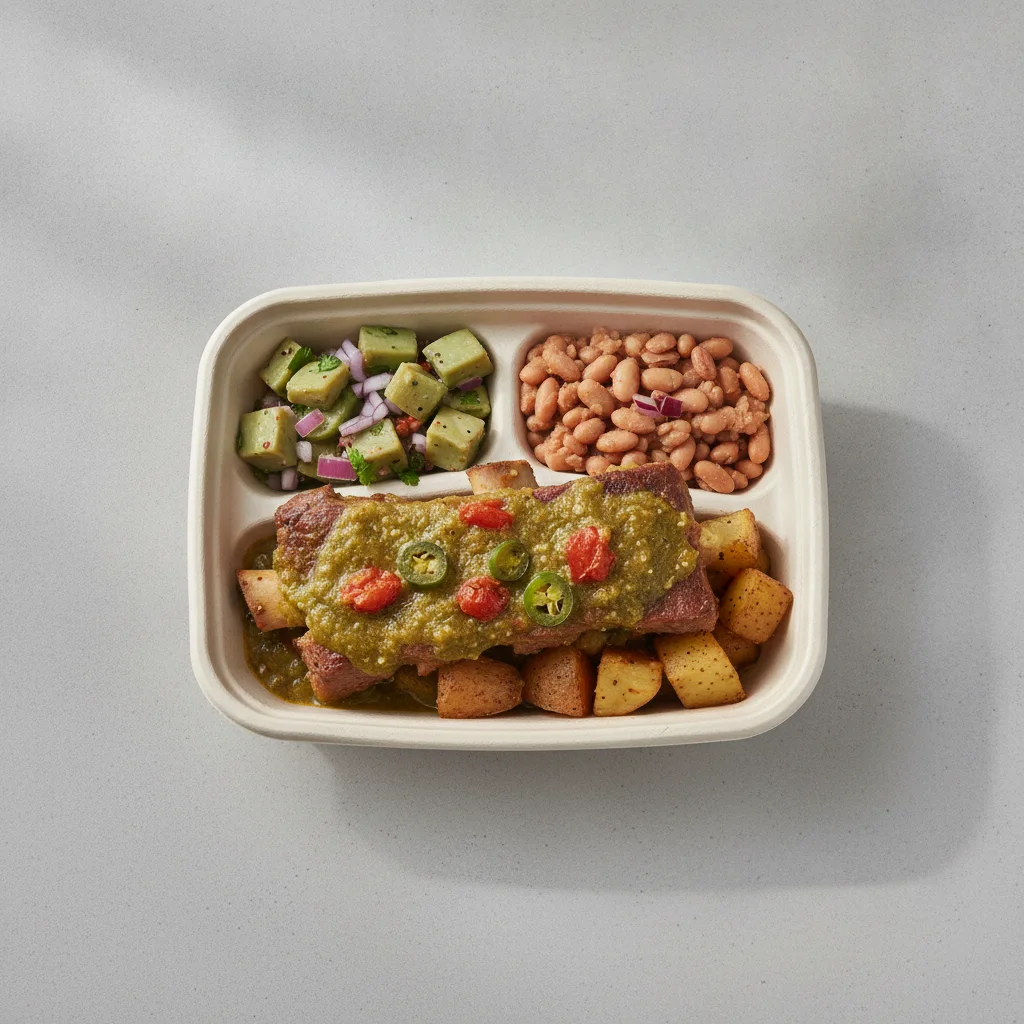 Costillas Verde Boxed Lunch with Pinto Beans / Nopalitos Salad Costillas Verde Boxed Lunch with Pinto Beans / Nopalitos Salad