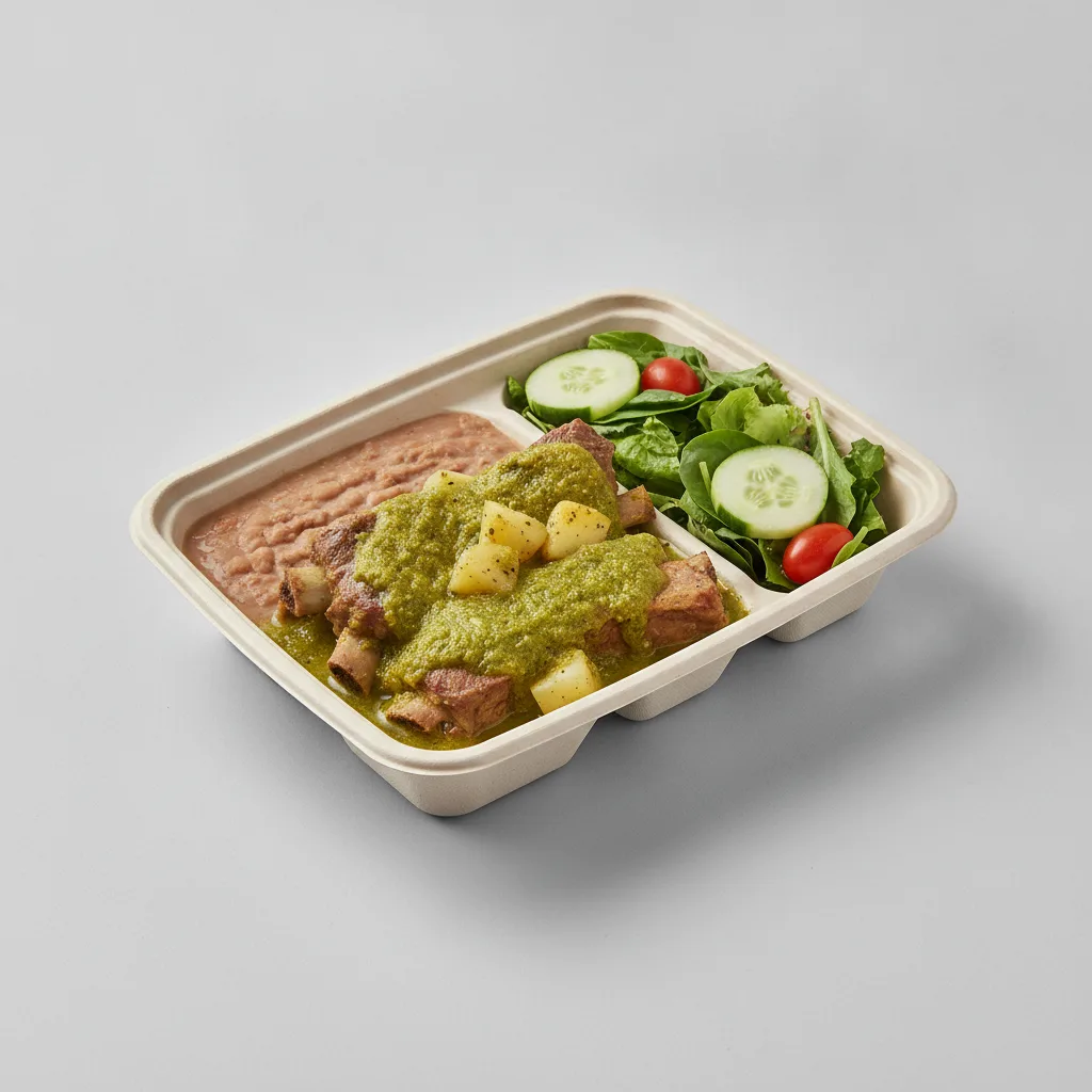 Costillas Verde Boxed Lunch with Pinto Beans / Green Salad Costillas Verde Boxed Lunch with Pinto Beans / Green Salad