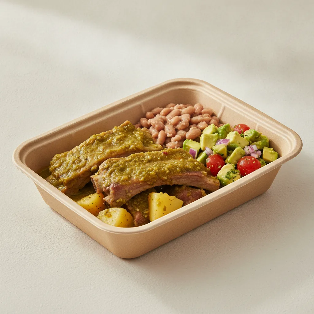 Costillas Verde Boxed Lunch with Pinto Beans / Avocado Salad Costillas Verde Boxed Lunch with Pinto Beans / Avocado Salad