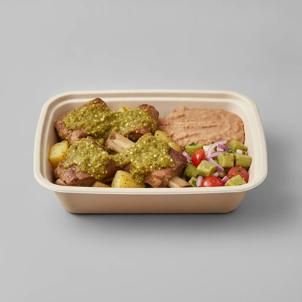 Costillas Verde Boxed Lunch with Refried Pinto Beans / Nopalitos Salad Costillas Verde Boxed Lunch with Refried Pinto Beans / Nopalitos Salad