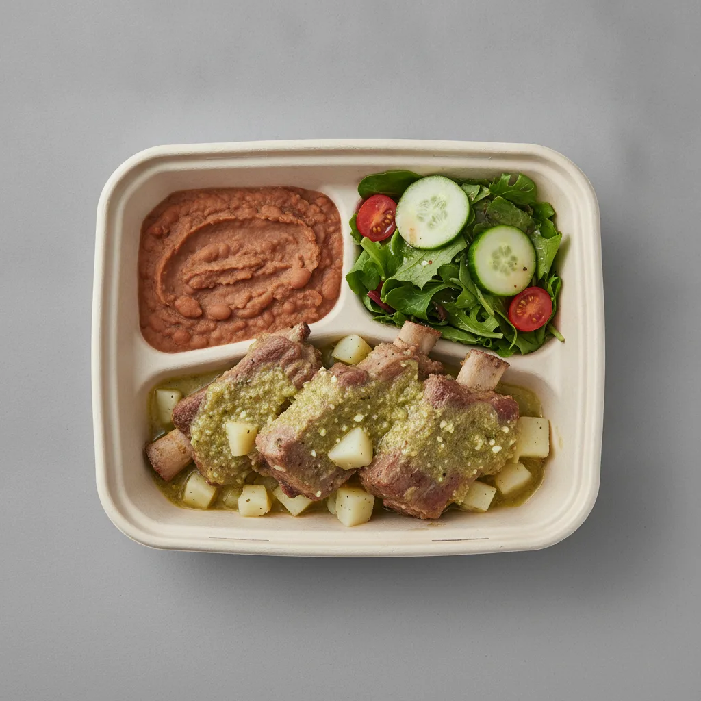Costillas Verde Boxed Lunch with Refried Pinto Beans / Green Salad Costillas Verde Boxed Lunch with Refried Pinto Beans / Green Salad