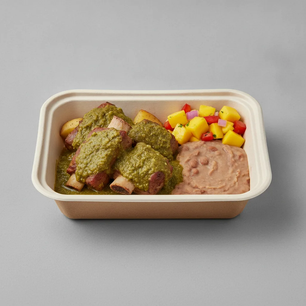 Costillas Verde Boxed Lunch with Refried Pinto Beans / Mango Salad Costillas Verde Boxed Lunch with Refried Pinto Beans / Mango Salad