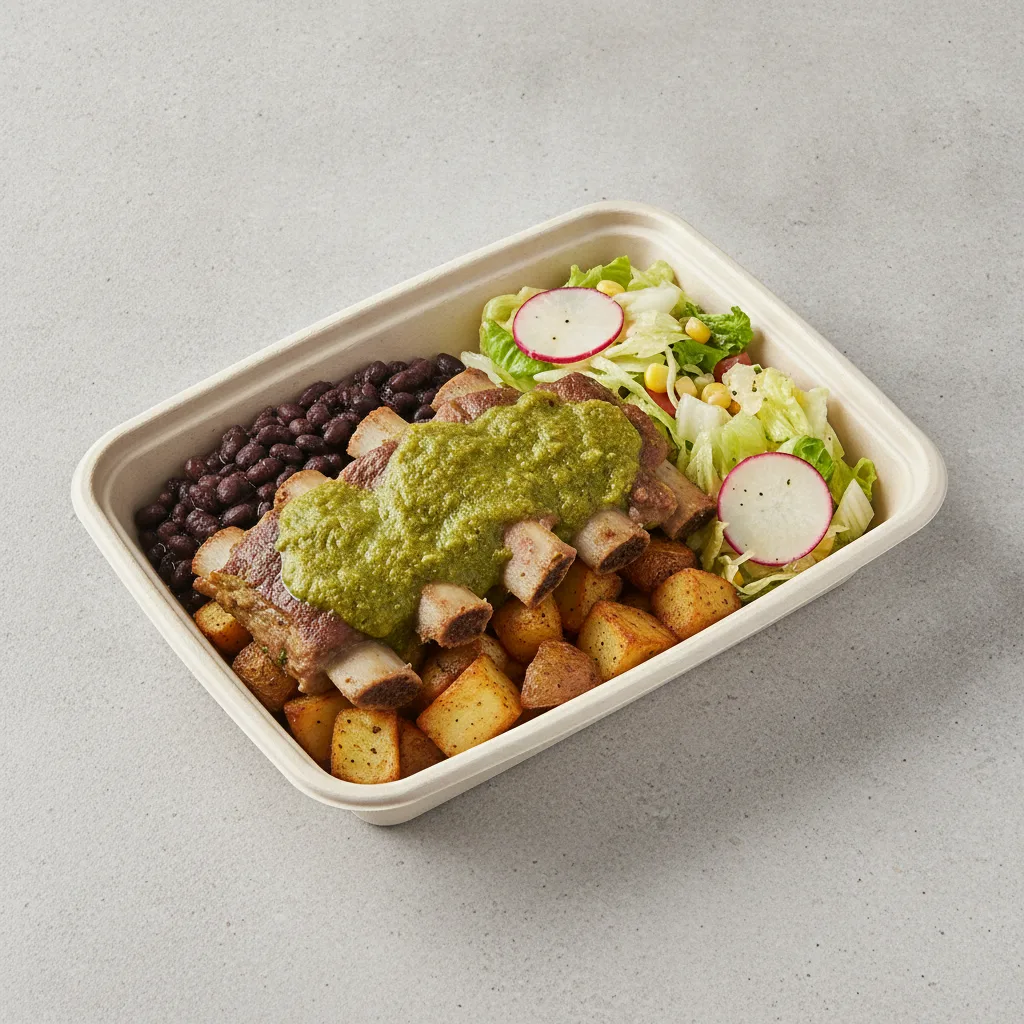Costillas Verde Boxed Lunch with Black Beans / Mexican House Salad Costillas Verde Boxed Lunch with Black Beans / Mexican House Salad