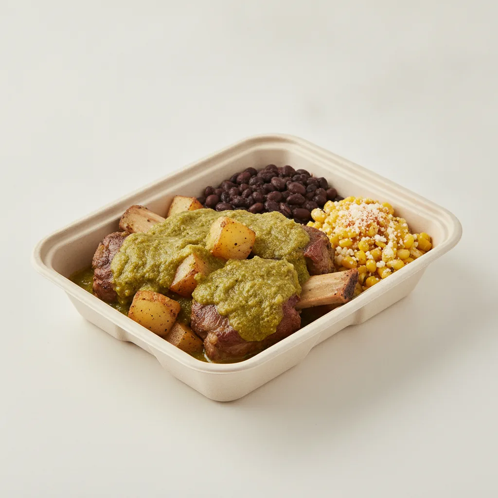 Costillas Verde Boxed Lunch with Black Beans / Street Corn Salad Costillas Verde Boxed Lunch with Black Beans / Street Corn Salad