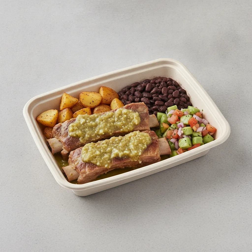 Costillas Verde Boxed Lunch with Black Beans / Nopalitos Salad Costillas Verde Boxed Lunch with Black Beans / Nopalitos Salad