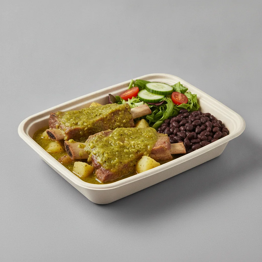 Costillas Verde Boxed Lunch with Black Beans / Green Salad Costillas Verde Boxed Lunch with Black Beans / Green Salad