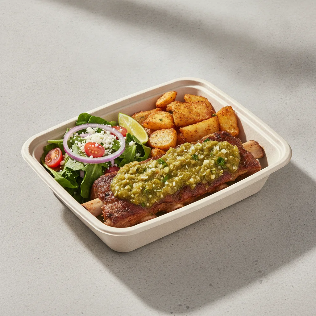 Costillas Verde Boxed Lunch — Home Fries / Mexican House Salad Costillas Verde Boxed Lunch — Home Fries / Mexican House Salad