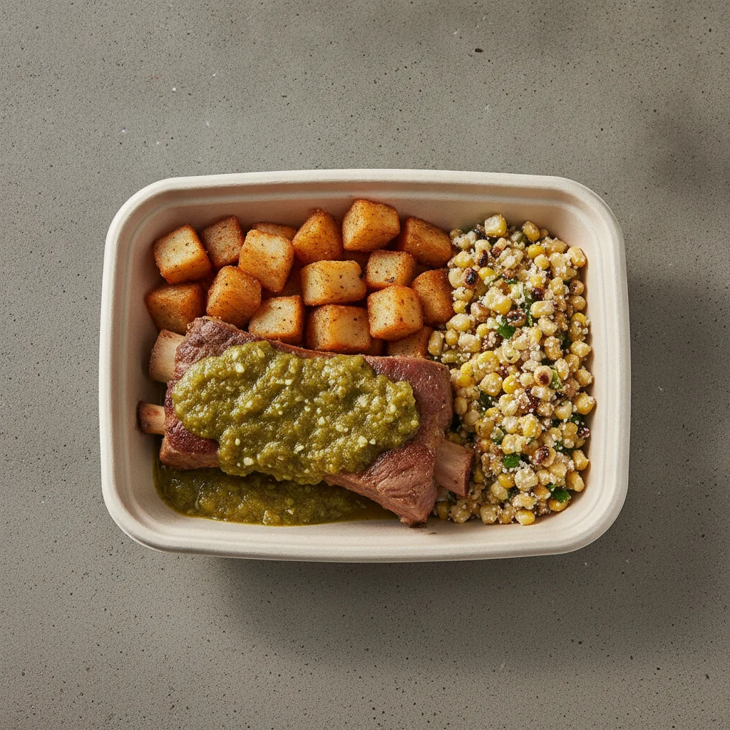 Costillas Verde Boxed Lunch — Home Fries / Street Corn Salad Costillas Verde Boxed Lunch — Home Fries / Street Corn Salad