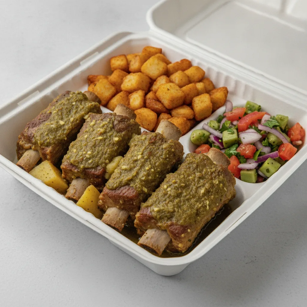 Costillas Verde Boxed Lunch — Home Fries / Nopalitos Salad Costillas Verde Boxed Lunch — Home Fries / Nopalitos Salad