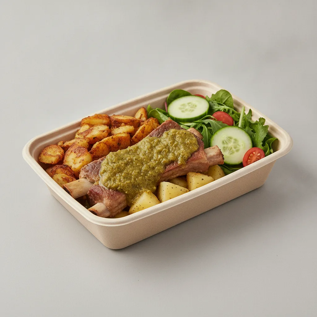 Costillas Verde Boxed Lunch — Home Fries / Green Salad Costillas Verde Boxed Lunch — Home Fries / Green Salad