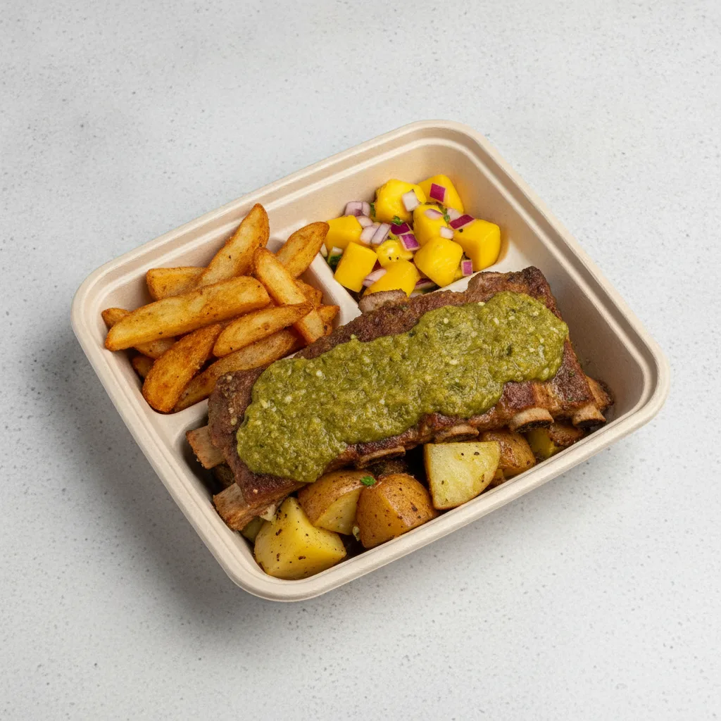 Costillas Verde Boxed Lunch — Home Fries / Mango Salad Costillas Verde Boxed Lunch — Home Fries / Mango Salad
