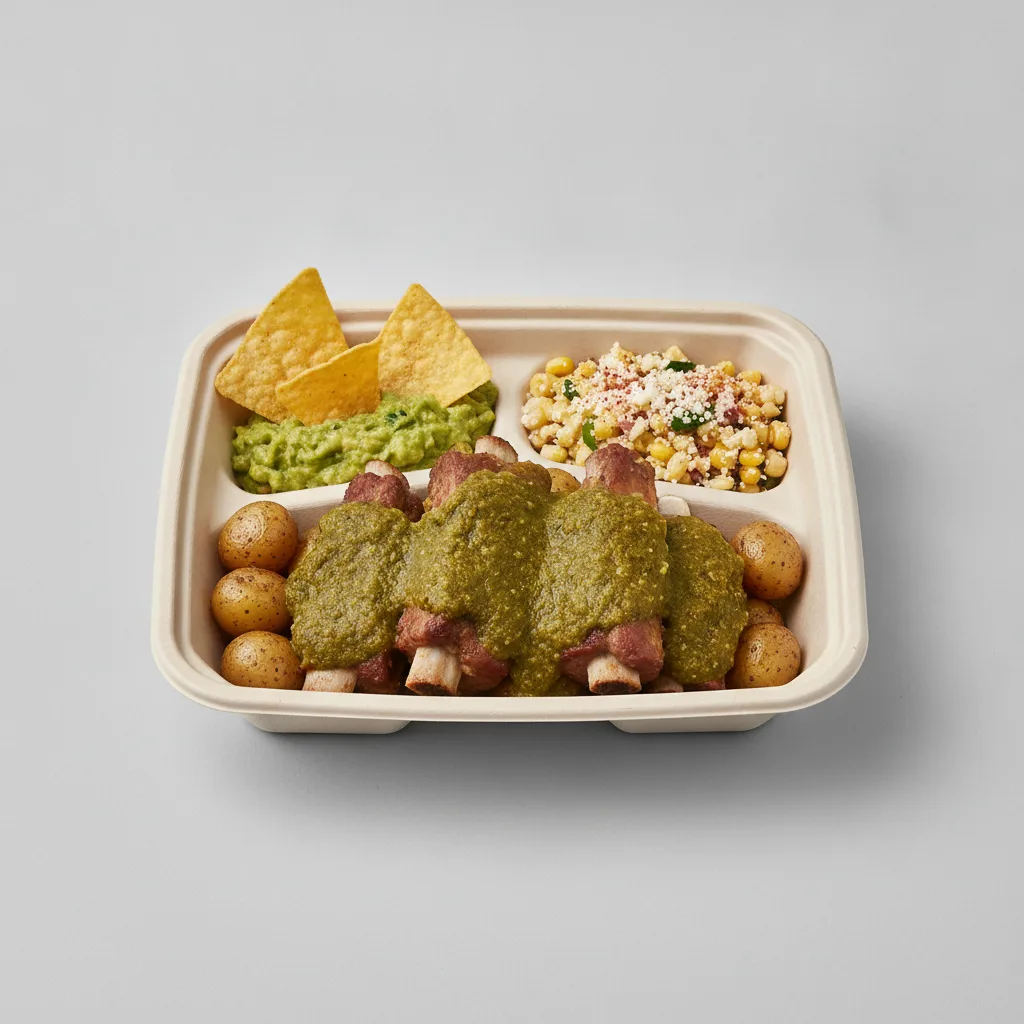 Costillas Verde Boxed Lunch with Guacamole and Chips / Street Corn Salad Costillas Verde Boxed Lunch with Guacamole and Chips / Street Corn Salad