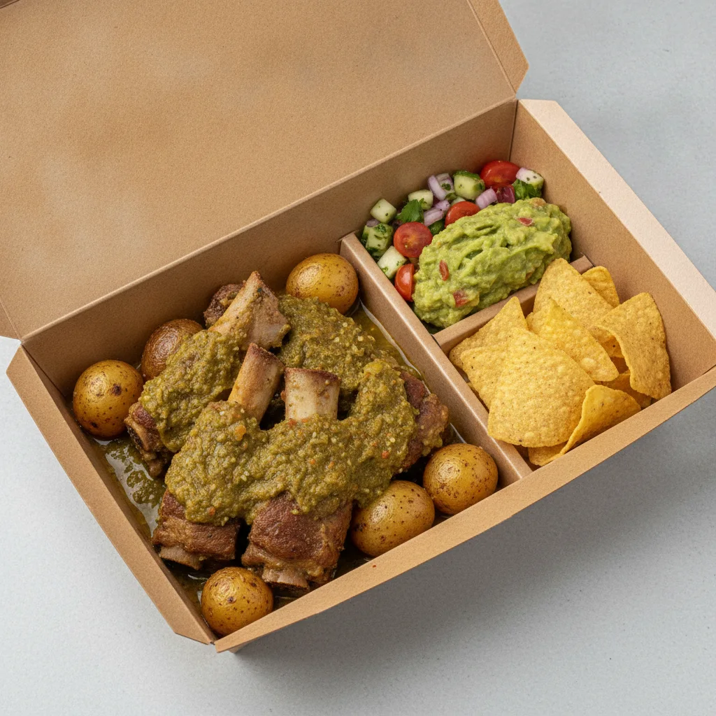 Costillas Verde Boxed Lunch with Guacamole and Chips / Nopalitos Salad Costillas Verde Boxed Lunch with Guacamole and Chips / Nopalitos Salad