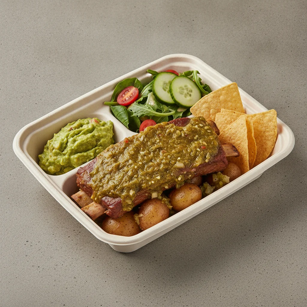 Costillas Verde Boxed Lunch with Guacamole and Chips / Green Salad Costillas Verde Boxed Lunch with Guacamole and Chips / Green Salad