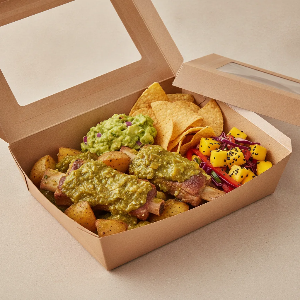 Costillas Verde Boxed Lunch with Guacamole and Chips / Mango Salad Costillas Verde Boxed Lunch with Guacamole and Chips / Mango Salad