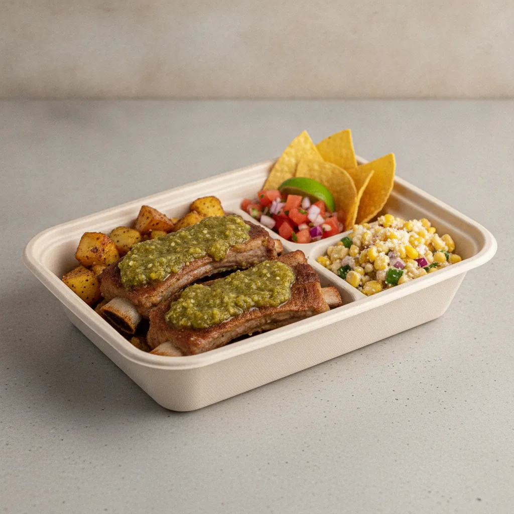 Costillas Verde Boxed Lunch with Pico and Chips / Street Corn Salad Costillas Verde Boxed Lunch with Pico and Chips / Street Corn Salad