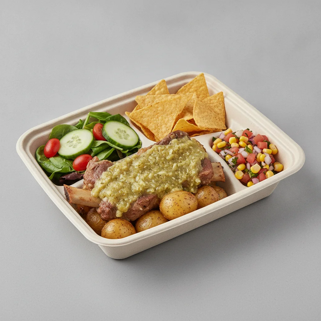 Costillas Verde Boxed Lunch with Pico and Chips / Green Salad Costillas Verde Boxed Lunch with Pico and Chips / Green Salad