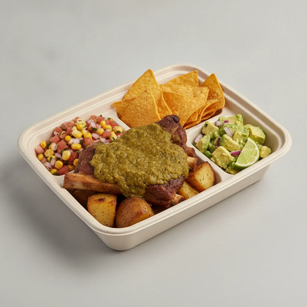 Costillas Verde Boxed Lunch with Pico and Chips / Avocado Salad Costillas Verde Boxed Lunch with Pico and Chips / Avocado Salad