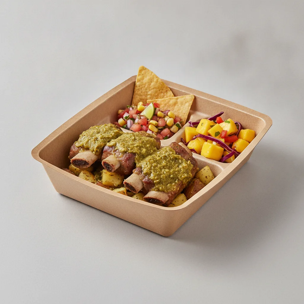 Costillas Verde Boxed Lunch with Pico and Chips / Mango Salad Costillas Verde Boxed Lunch with Pico and Chips / Mango Salad