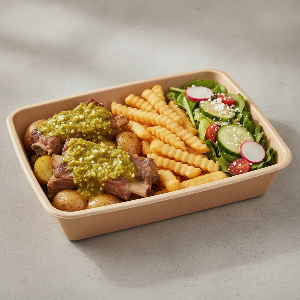 Costillas Verde Boxed Lunch with French Fries / Mexican House Salad Costillas Verde Boxed Lunch with French Fries / Mexican House Salad