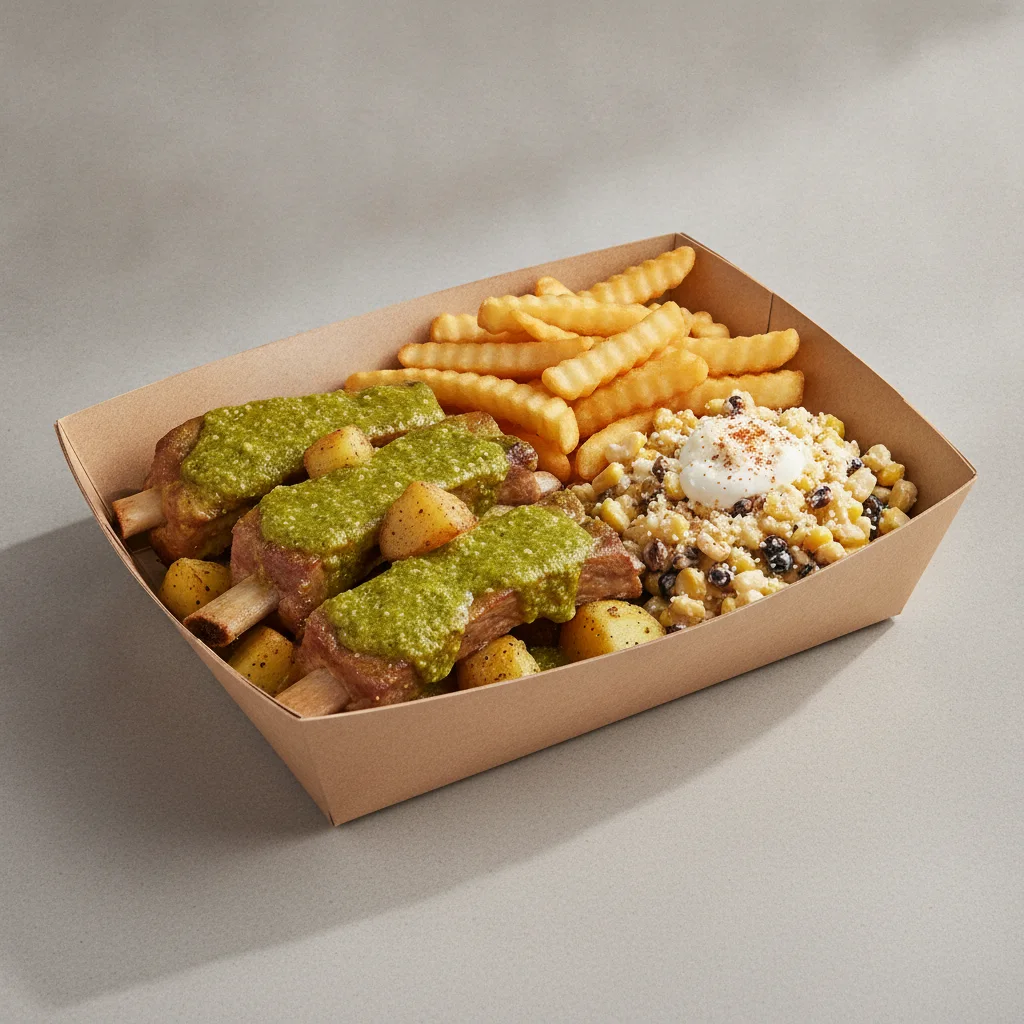Costillas Verde Boxed Lunch with French Fries / Street Corn Salad Costillas Verde Boxed Lunch with French Fries / Street Corn Salad