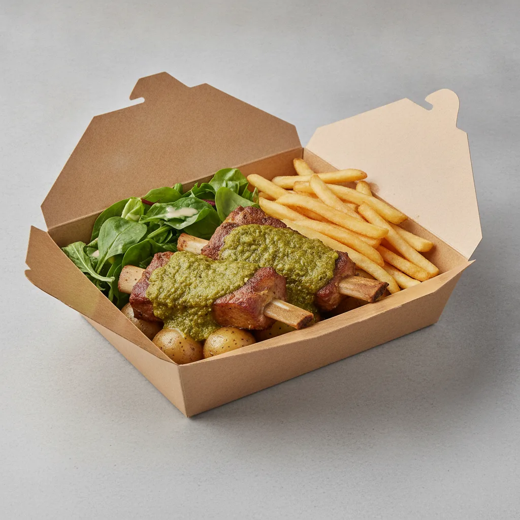 Costillas Verde Boxed Lunch with French Fries / Green Salad Costillas Verde Boxed Lunch with French Fries / Green Salad
