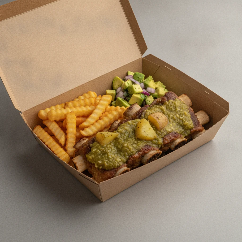 Costillas Verde Boxed Lunch with French Fries / Avocado Salad Costillas Verde Boxed Lunch with French Fries / Avocado Salad