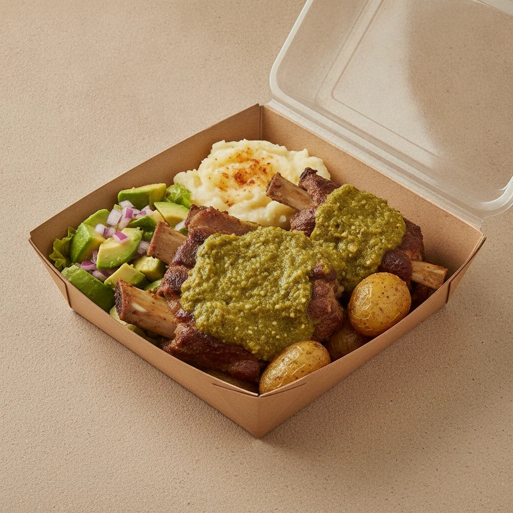 Costillas Verde Boxed Lunch with Mashed Potato / Avocado Salad Costillas Verde Boxed Lunch with Mashed Potato / Avocado Salad