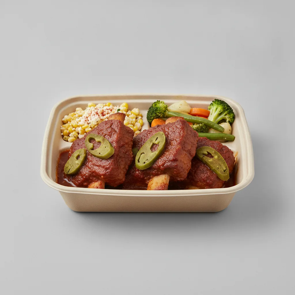 Costilla de Adobo Boxed Lunch with Steamed Mix Veggies / Street Corn Salad Costilla de Adobo Boxed Lunch with Steamed Mix Veggies / Street Corn Salad