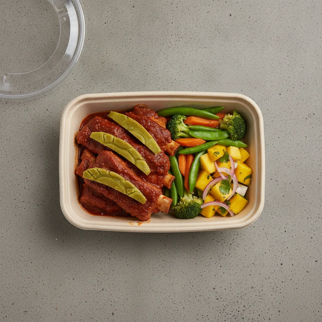 Costilla de Adobo Boxed Lunch with Steamed Mix Veggies / Mango Salad Costilla de Adobo Boxed Lunch with Steamed Mix Veggies / Mango Salad
