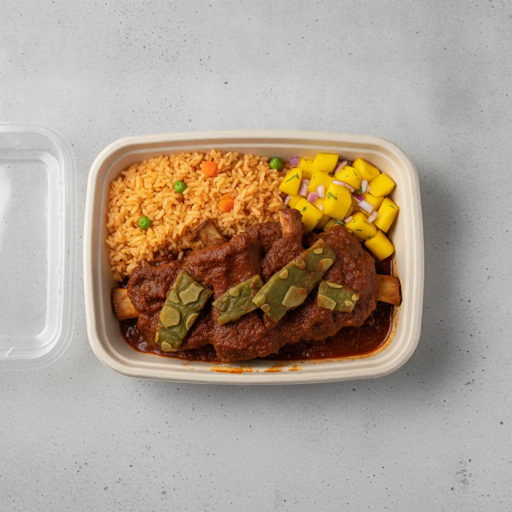 Costilla de Adobo Boxed Lunch with Mexican Rice / Mango Salad Costilla de Adobo Boxed Lunch with Mexican Rice / Mango Salad