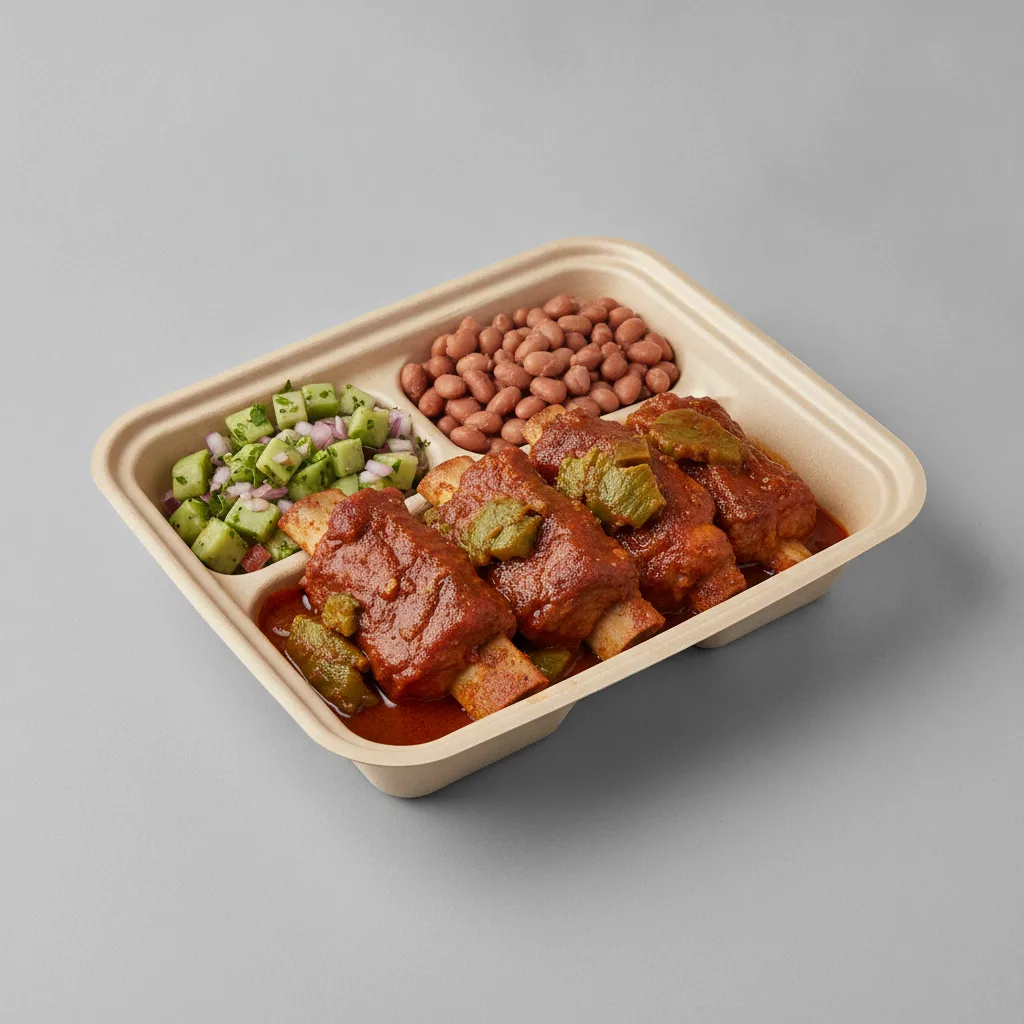 Costilla de Adobo Boxed Lunch with Pinto Beans / Nopalitos Salad Costilla de Adobo Boxed Lunch with Pinto Beans / Nopalitos Salad