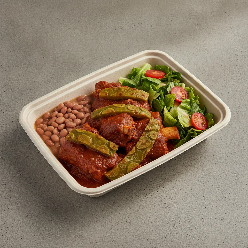 Costilla de Adobo Boxed Lunch with Pinto Beans / Green Salad Costilla de Adobo Boxed Lunch with Pinto Beans / Green Salad