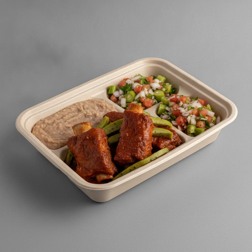 Costilla de Adobo Boxed Lunch with Refried Pinto Beans / Nopalitos Salad Costilla de Adobo Boxed Lunch with Refried Pinto Beans / Nopalitos Salad