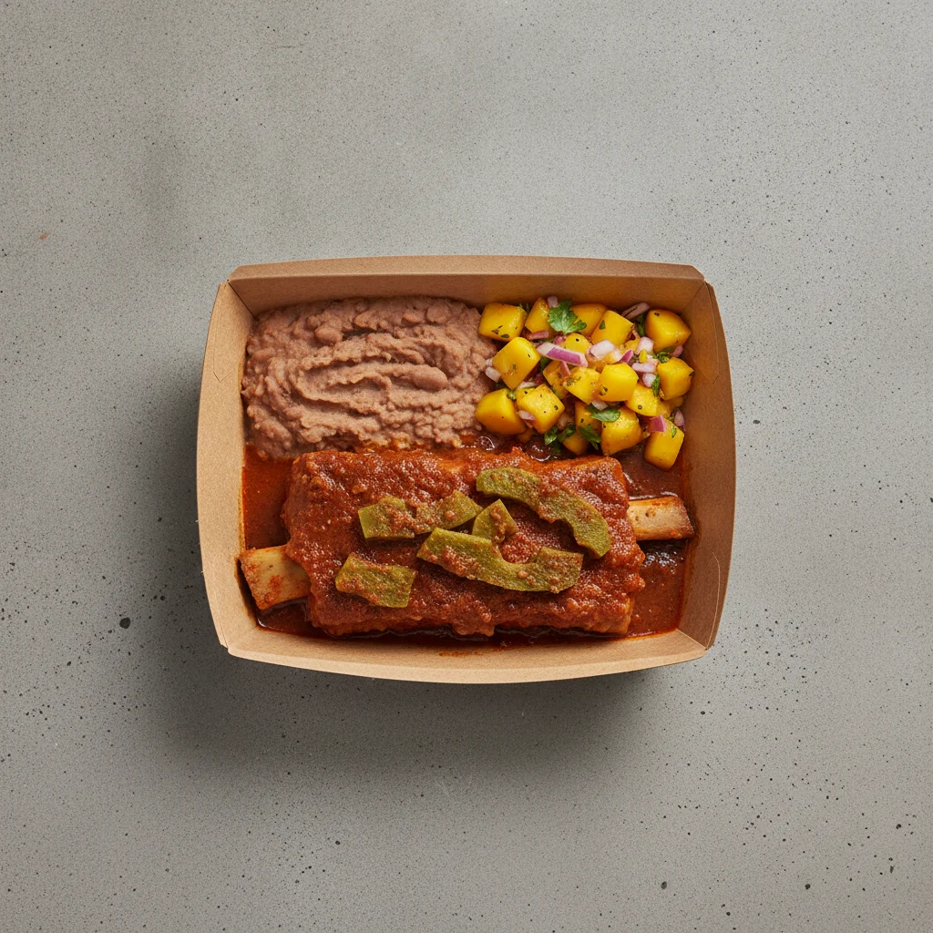 Costilla de Adobo Boxed Lunch with Refried Pinto Beans / Mango Salad Costilla de Adobo Boxed Lunch with Refried Pinto Beans / Mango Salad
